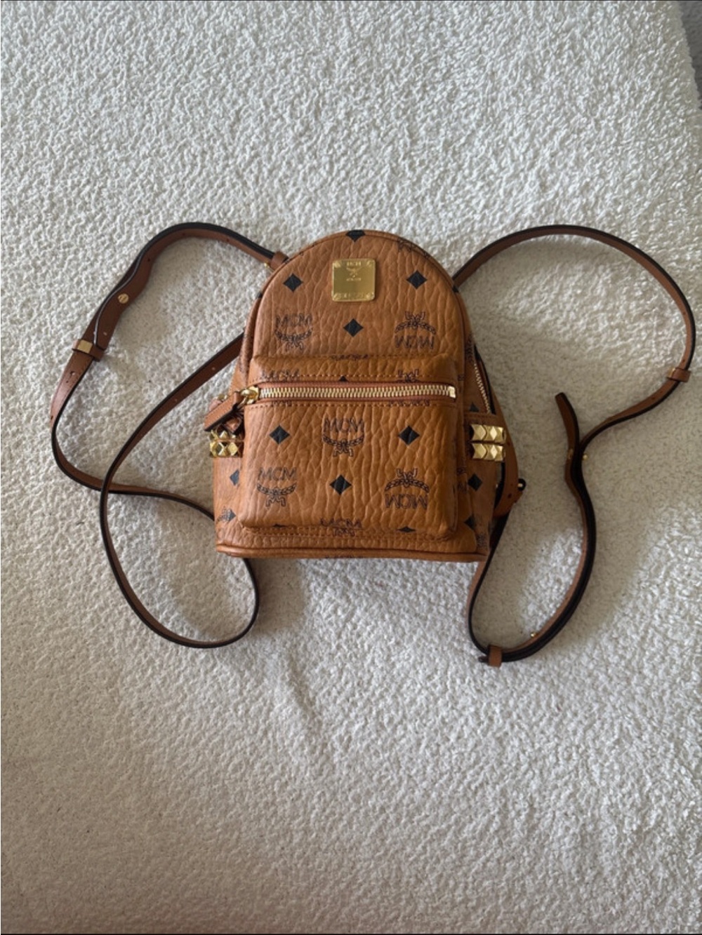 MCM Cognac Visetos Mini Backpack with Gold Studs